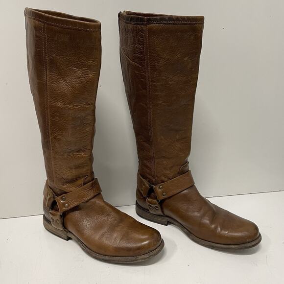 Frye Womens Phillip Riding Boots Size 7 Tall Cognac Soft Vintage Leather Harness - Picture 8 of 13